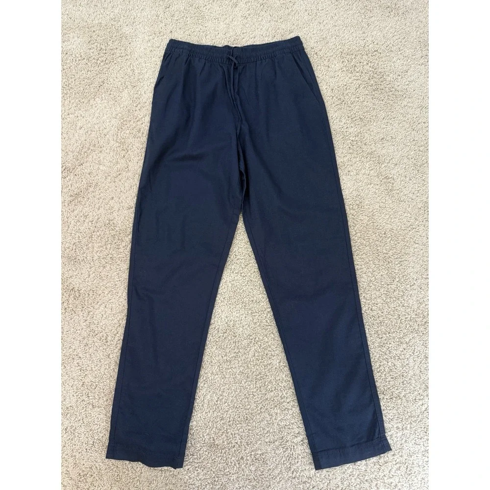 H&M NEW Linen Blend Navy Blue PANTS Small Tapered Casual Pull On Minimalist NWT